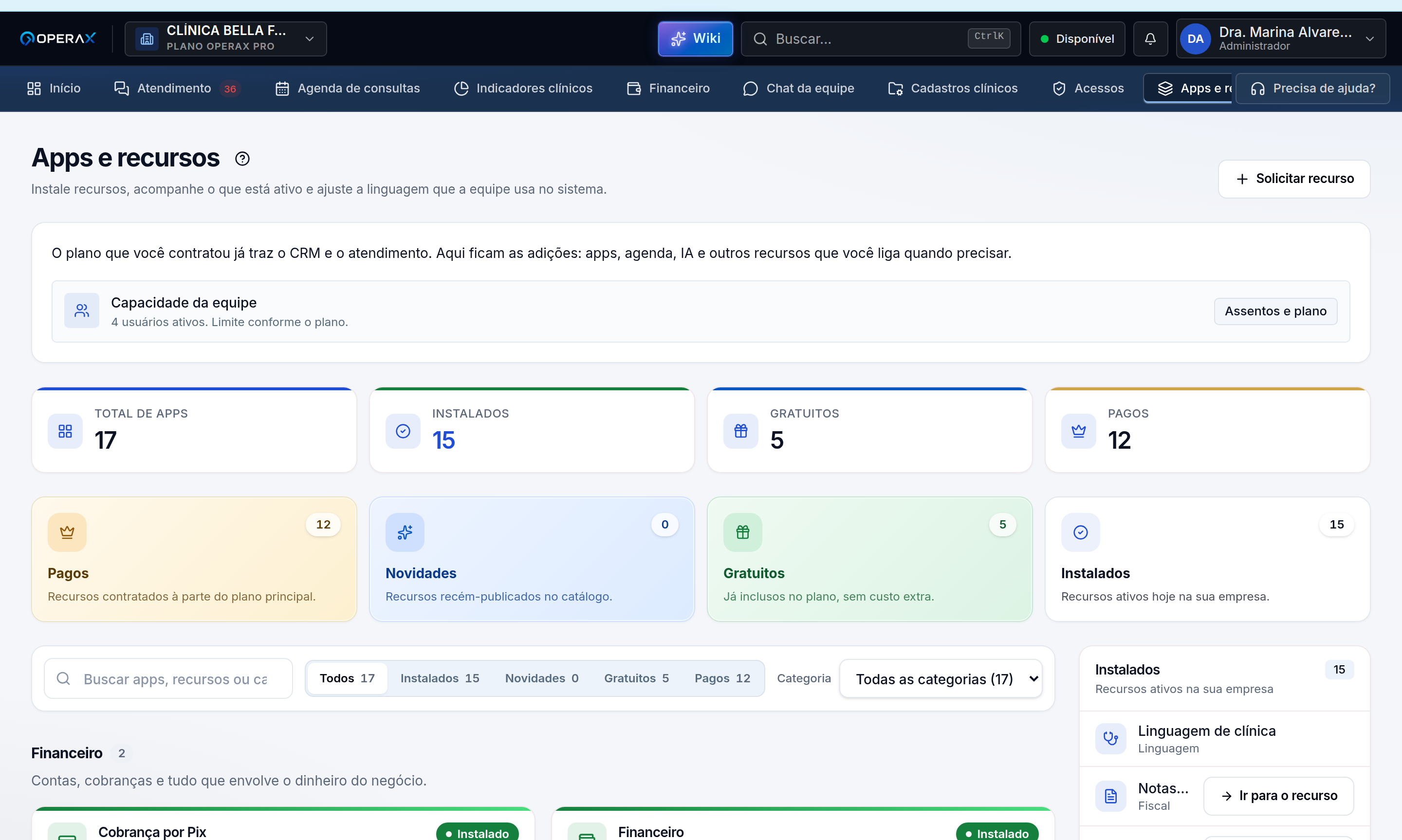 Portal de apps do Operax com módulos ativáveis por empresa