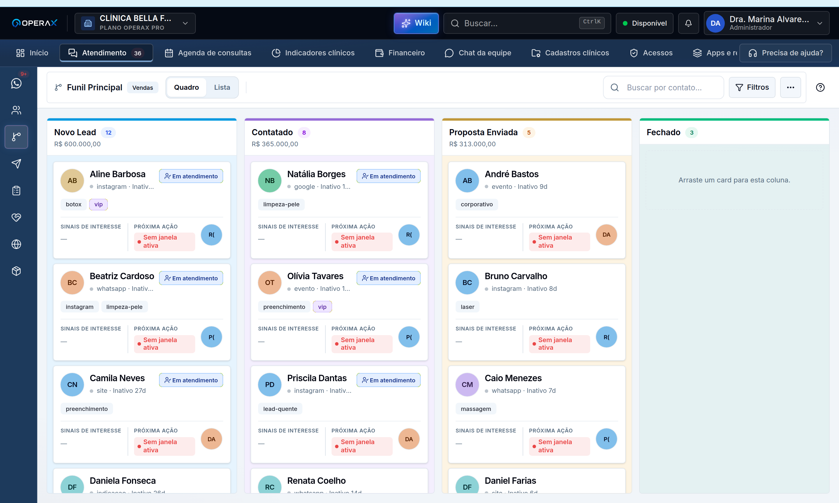Funil de vendas em kanban por etapa